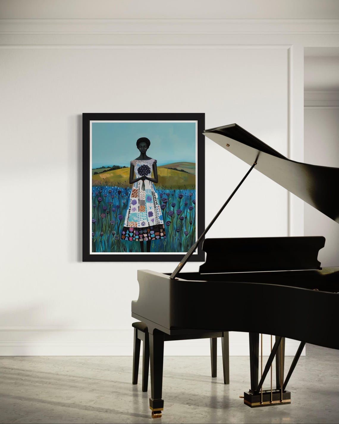 African Woman in Blue Flower Field Vibrant Nature Portrait Poster - Image 4