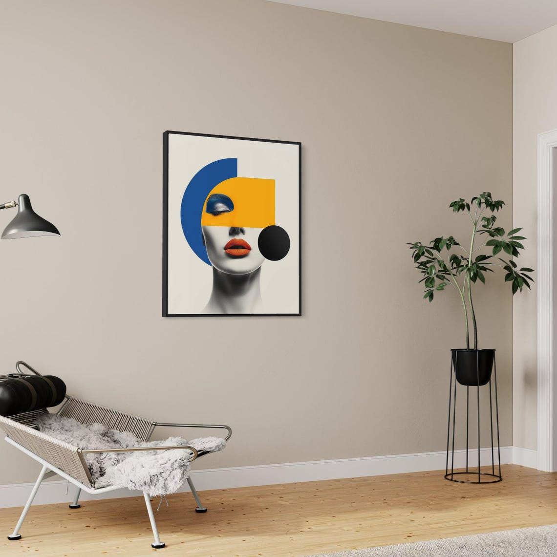 Abstract Grayscale Woman Face With Orange Lips and Blue Arc Art Poster - Image 4