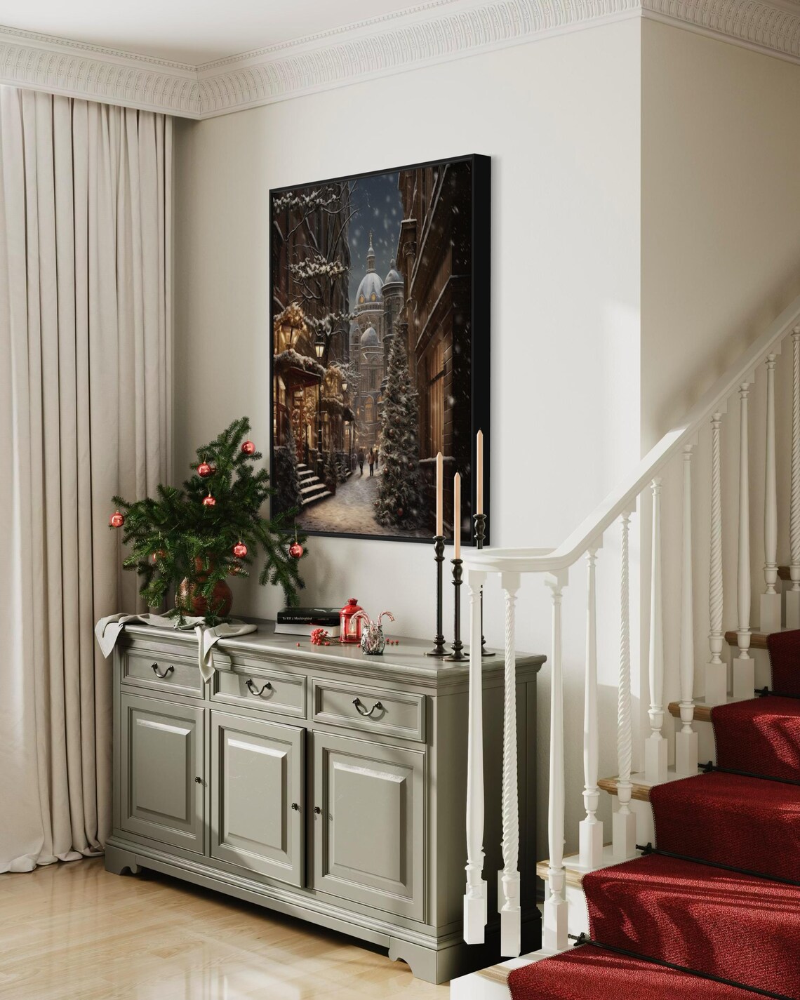 Snowy European Old Town Street Cathedral Christmas Night Scene Poster - Image 3