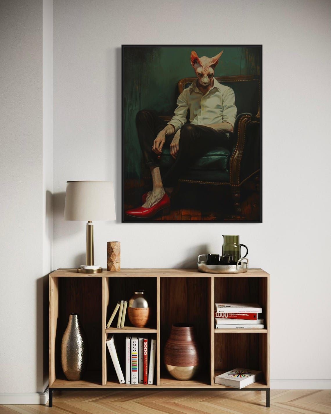Surreal Anthropomorphic Sphynx Cat Portrait Red Heels Chair Wall Art - Image 3