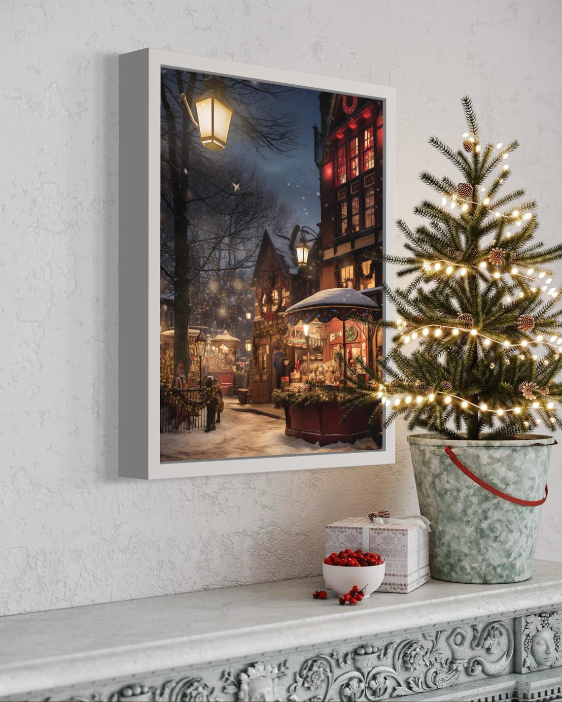 Victorian Christmas Market Snowy Street Night Festive Wall Art - Image 6