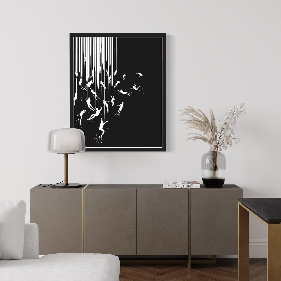 Falling Human Silhouettes Black and White Monochrome Modern Poster - Image 2