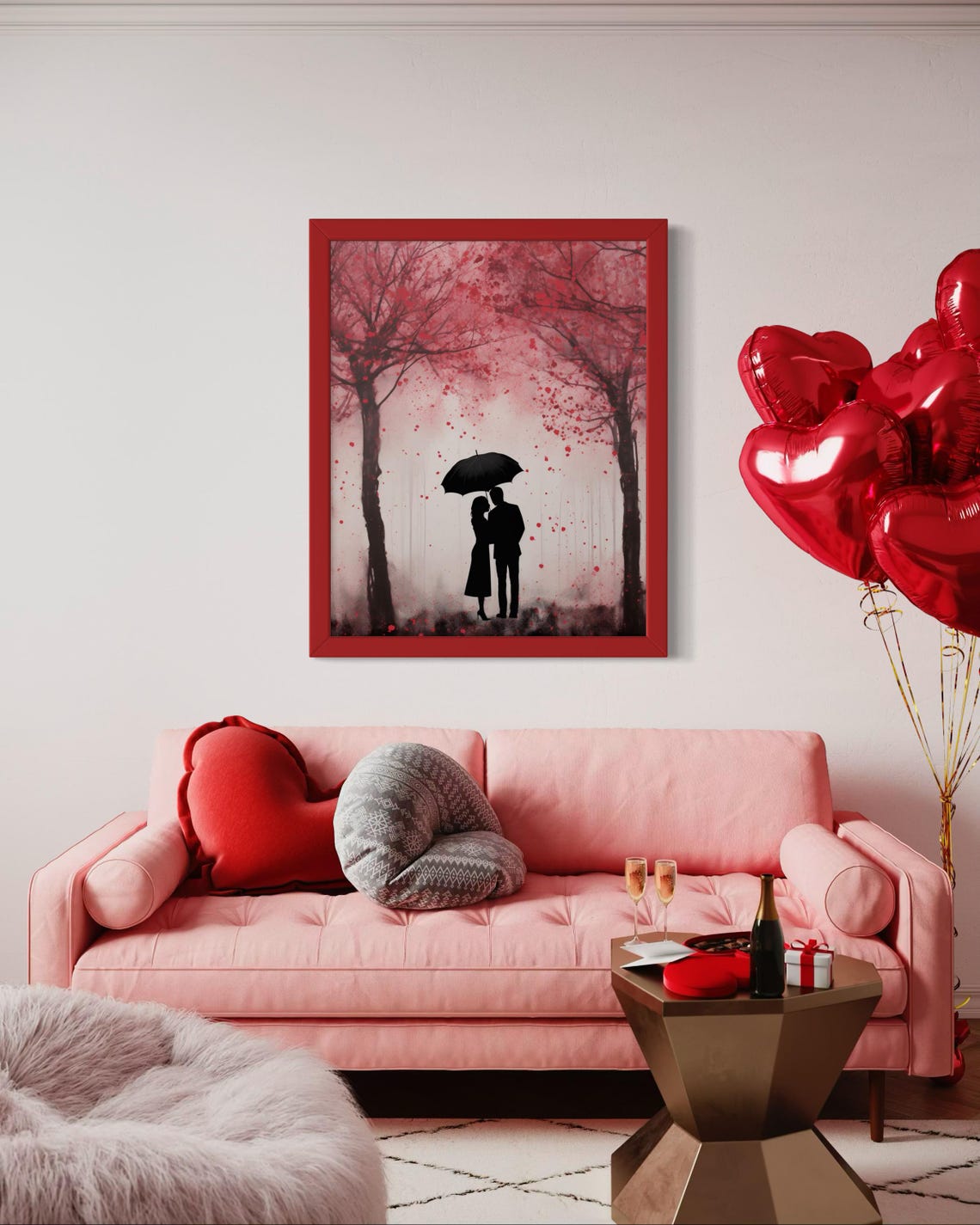 Couple Under Black Umbrella With Falling Red Petals Love Poster - Image 6
