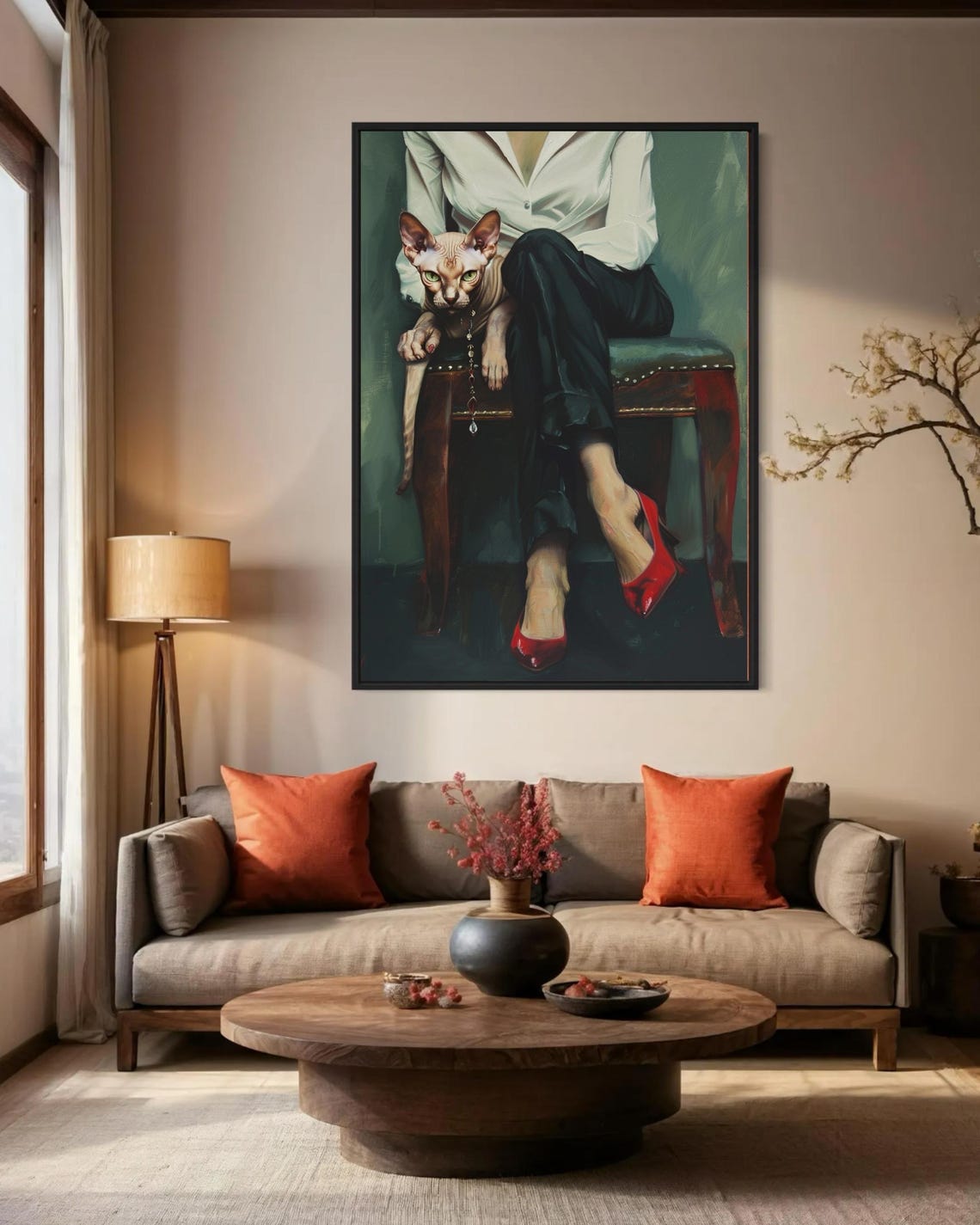 Elegant Woman Red Heels Sphynx Cat Modern Glam Portrait Art Print - Image 7