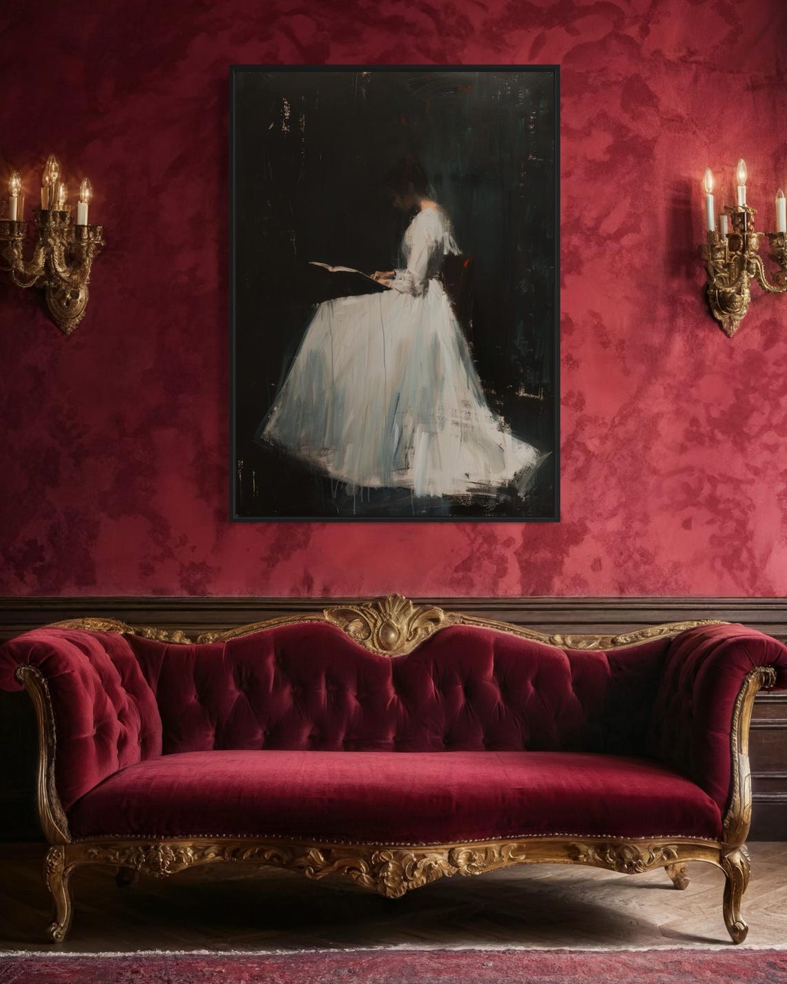 Elegant Woman Reading Dark Moody Painting Vintage Minimalist Art Print - Image 3