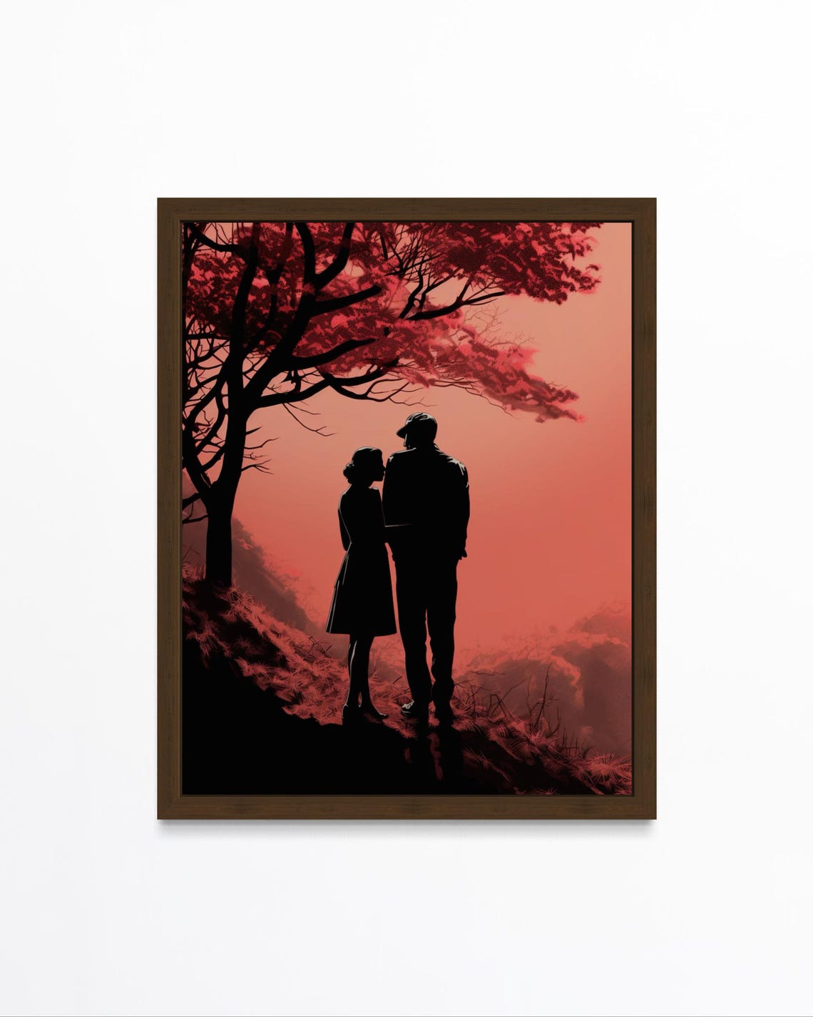 Silhouette Couple Under Red Tree At Sunset Romantic Love Poster