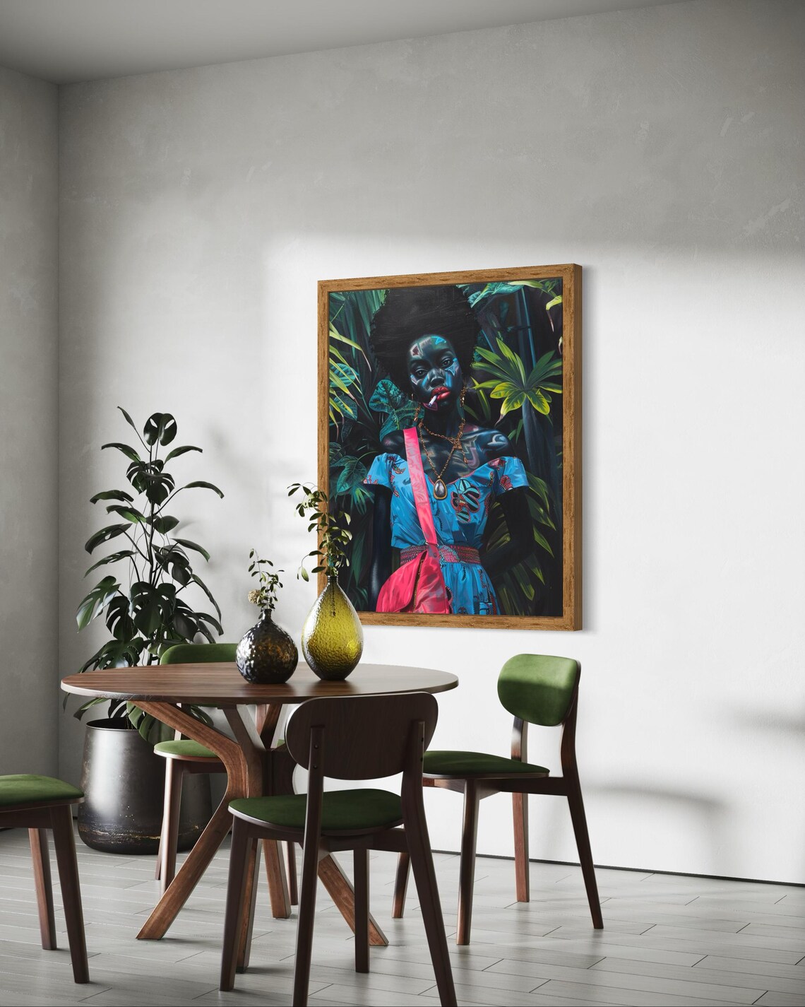 Moody Black Woman in Blue Dress With Pink Sash Jungle Art Poster - Image 5