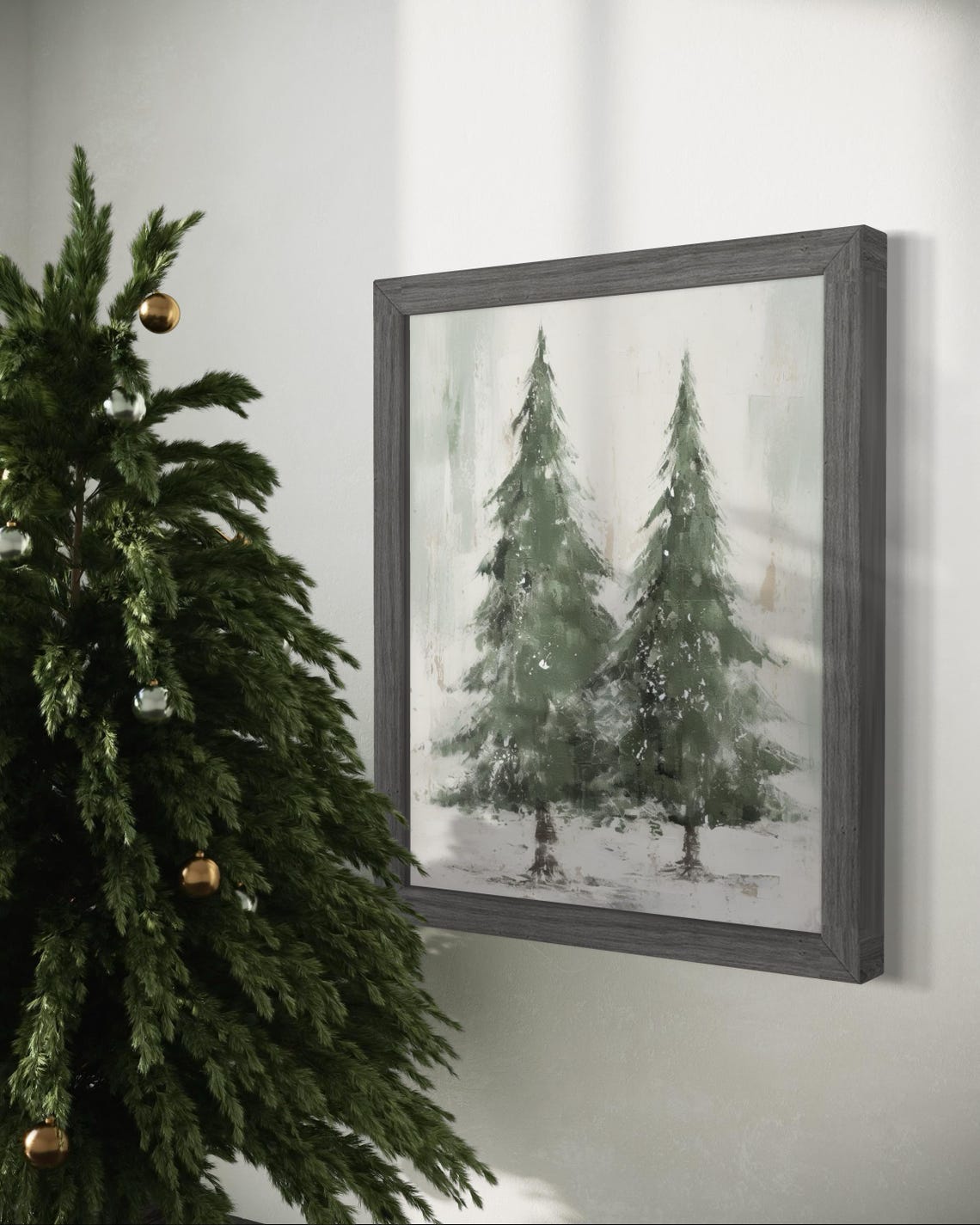 Two Snowy Evergreen Christmas Trees Rustic Winter Forest Poster - Image 2