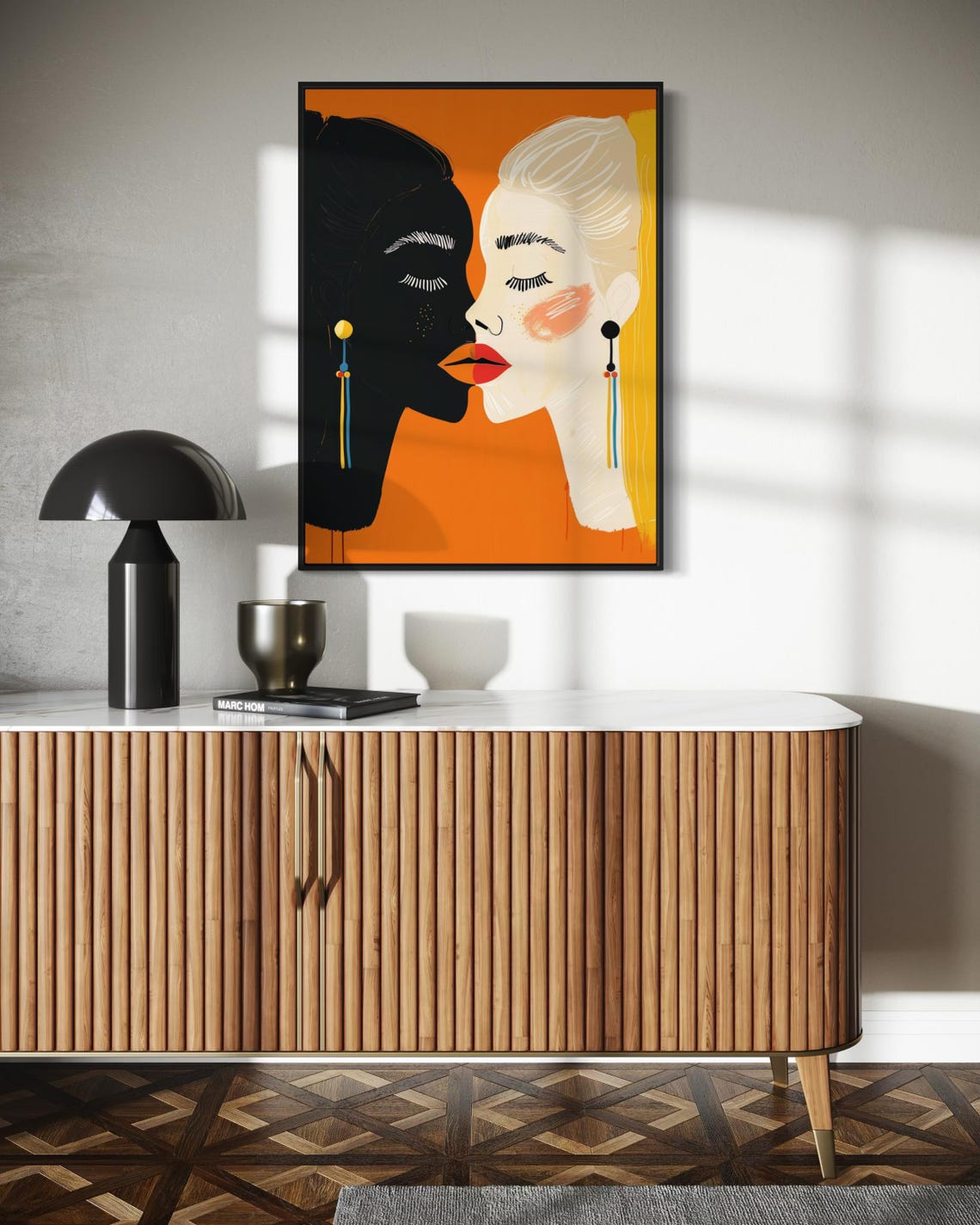 Two Women Faces Bold Modern Illustration Orange Background Wall Art - Image 3