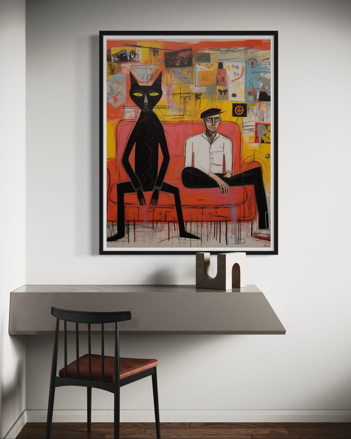 Man And Black Cat On Red Sofa Graffiti Abstract Urban Art Poster - Image 7
