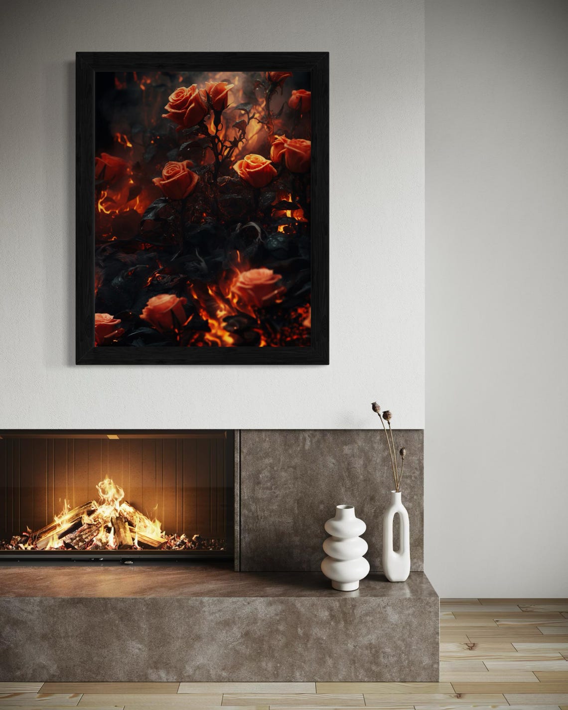 Fiery Dark Rose Art Print Gothic Floral Wall Art Moody Red Roses With Fire Dramatic Nature Decor - Image 3