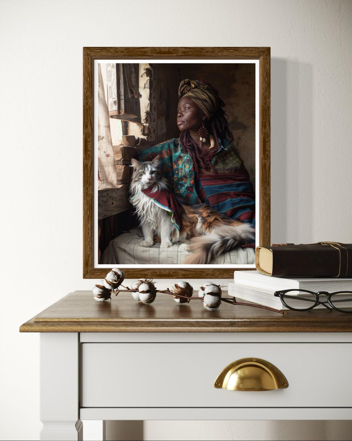 African Woman In Bohemian Shawl With Long Haired Cat Art Poster - Image 4