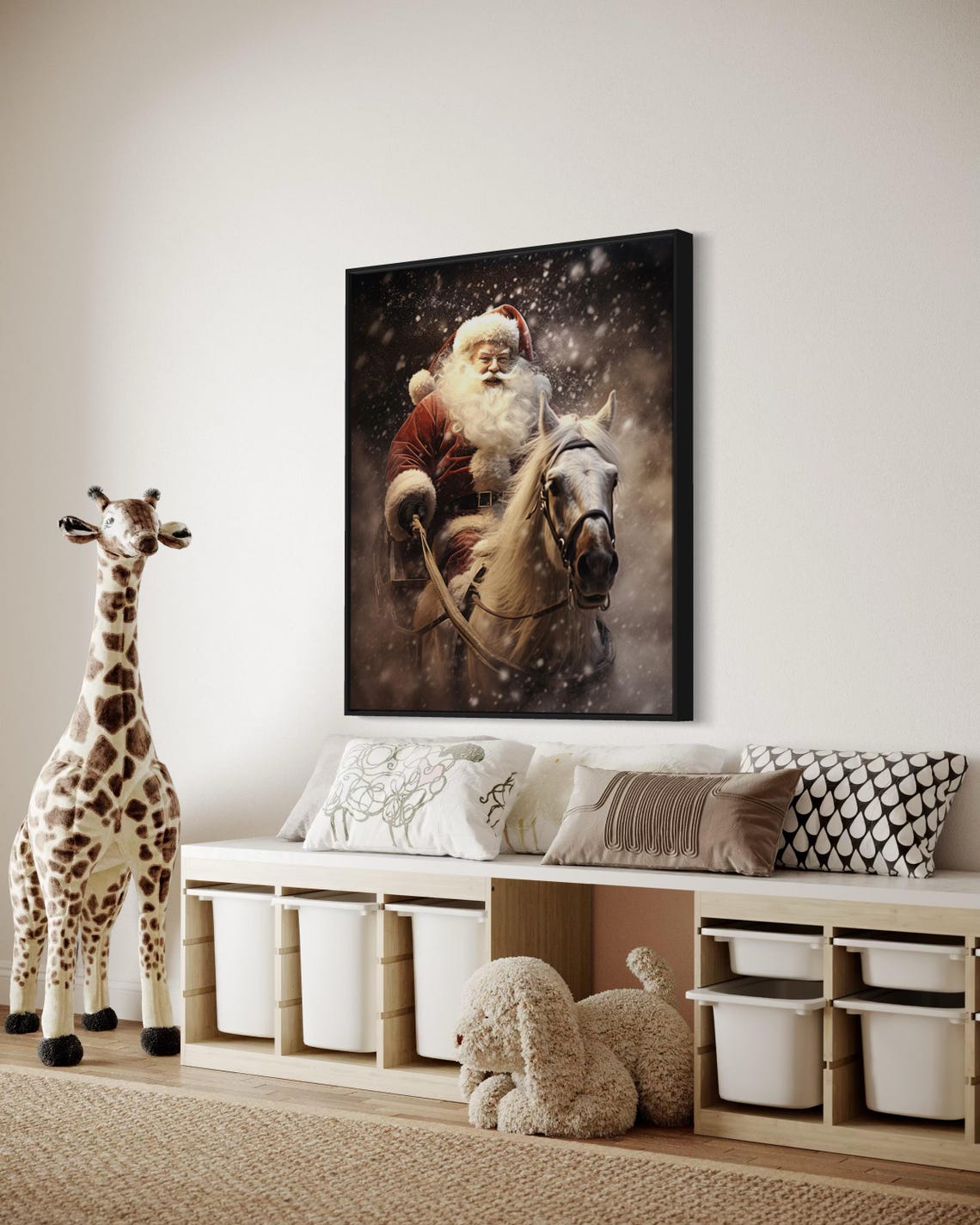 Vintage Santa Claus Riding White Horse Snowy Christmas Scene Poster - Image 5