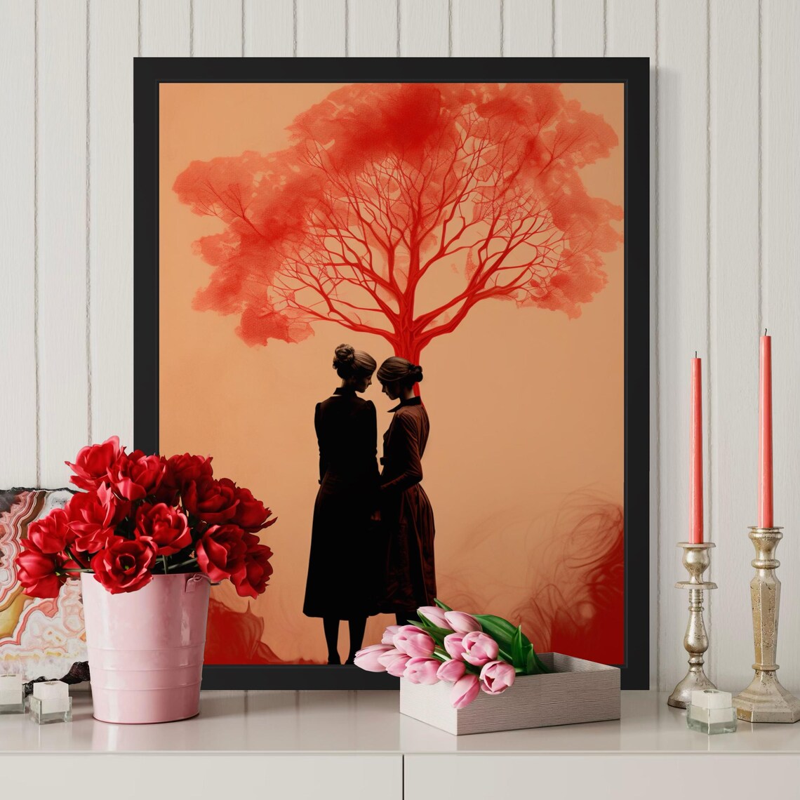 Two Women Silhouette Red Tree Minimalist Tender Love Poster Home Decor - Image 2