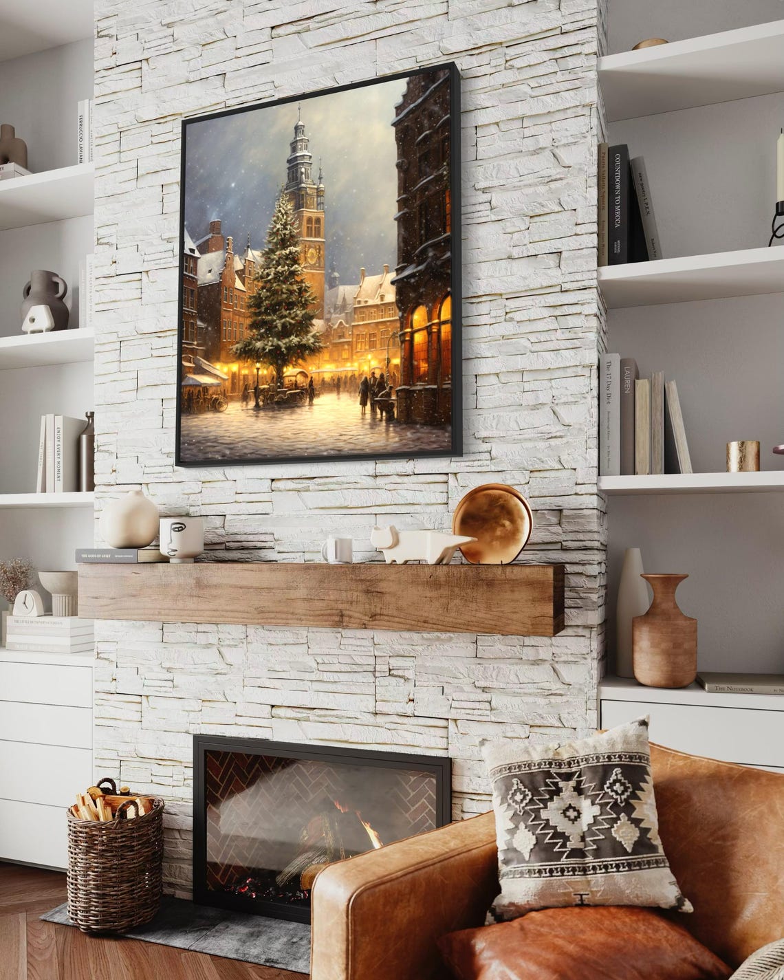 European Christmas Market Square Clock Tower Snowy Town Art Poster - Image 2