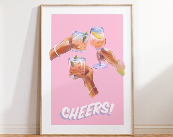 Cheers Cocktail Toast Hands Pink Retro Script Kitchen Bar Poster