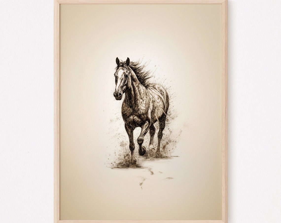 Galloping Horse Sepia Ink Sketch Rustic Western Equestrian Art Print