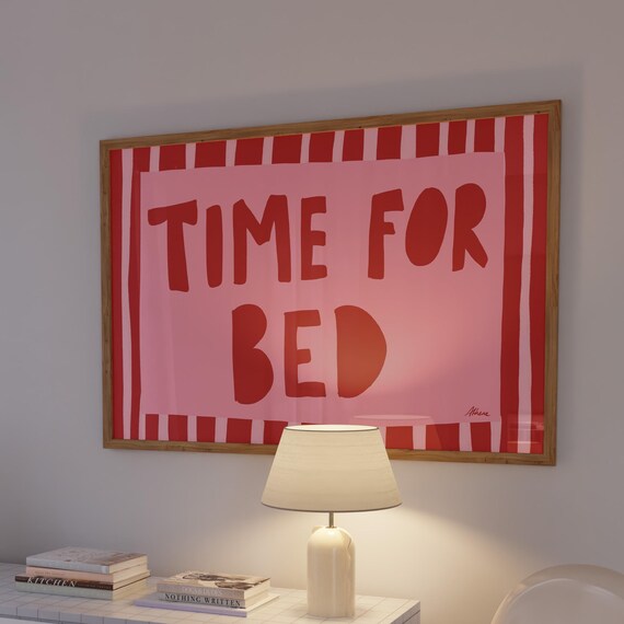 Time For Bed Print Horizontal Above Wall Art Narrow Pink And Red Stripes Teen Girl Bedroom Sleep Tight Dorm Room