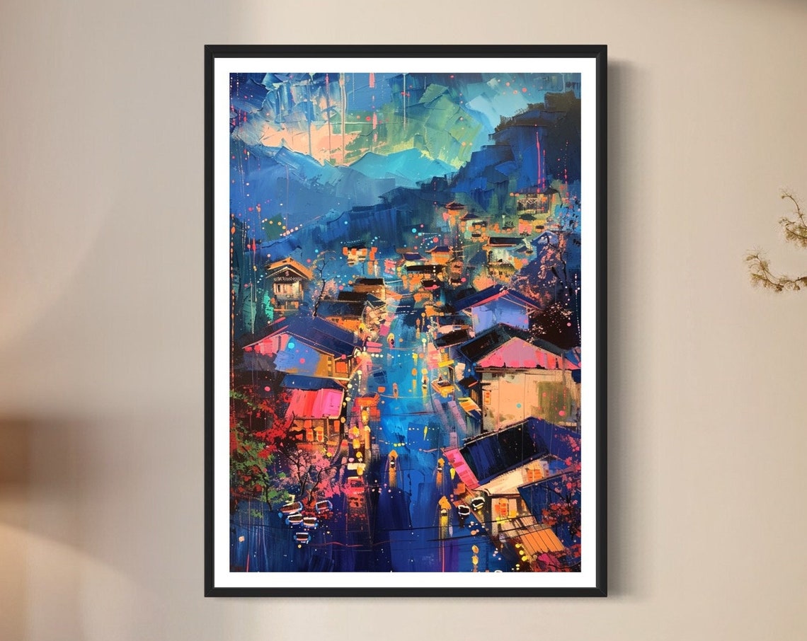 Sapa Town Vietnam Art Print Night Scene Village Painting Mountain Landscape Vietnamese Souvenir Gift Travel Poster Colourful Rice Terraces