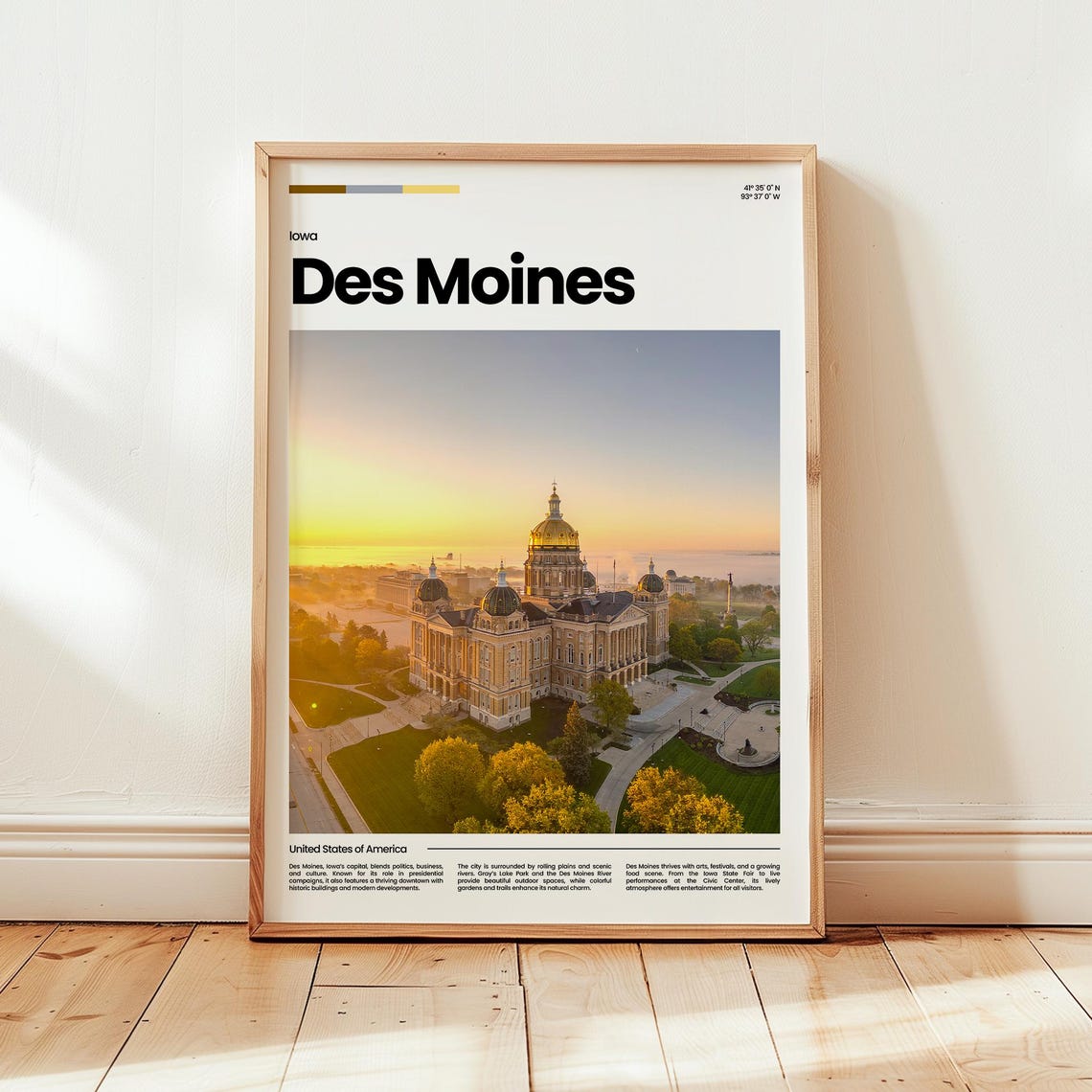 Des Moines Iowa State Capitol Golden Dome Sunset Travel Poster
