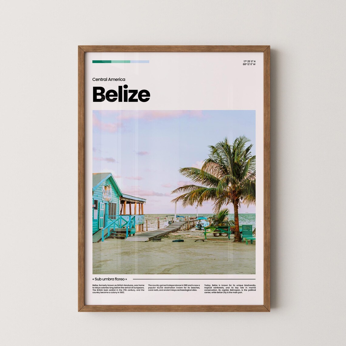Belize Beach Stilt House Palm Pier Sunset Caribbean Travel Poster