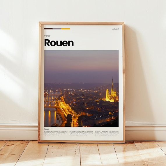 Rouen France Seine River Cathedral Night Skyline Travel Poster