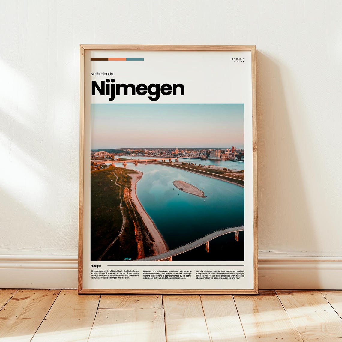 Nijmegen Netherlands Waal River City Aerial Sunset Travel Poster
