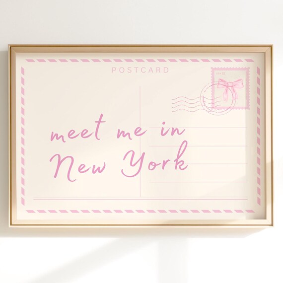 Meet Me In New York Pink Postcard Retro Travel Souvenir Poster