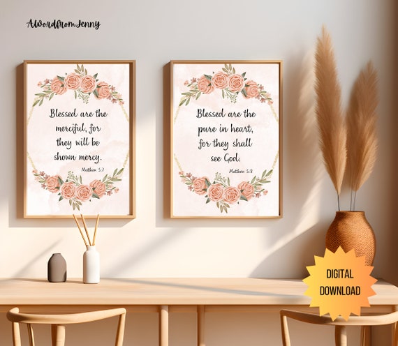 Blessed Are The Merciful Blessed Are The Pure In Heart Set Christian Scripture Bible Verse Wall Art Decor Pictures Bundle