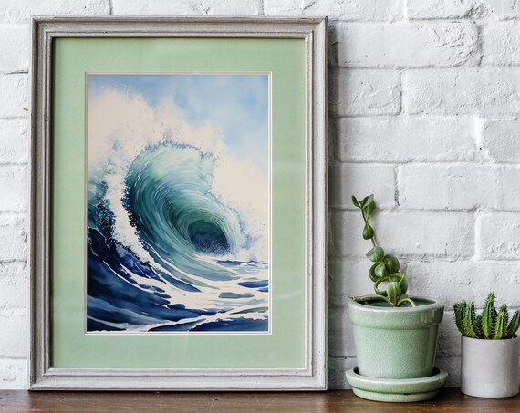 Curling Ocean Wave Watercolor Blue Green Sea Barrel Surf Poster