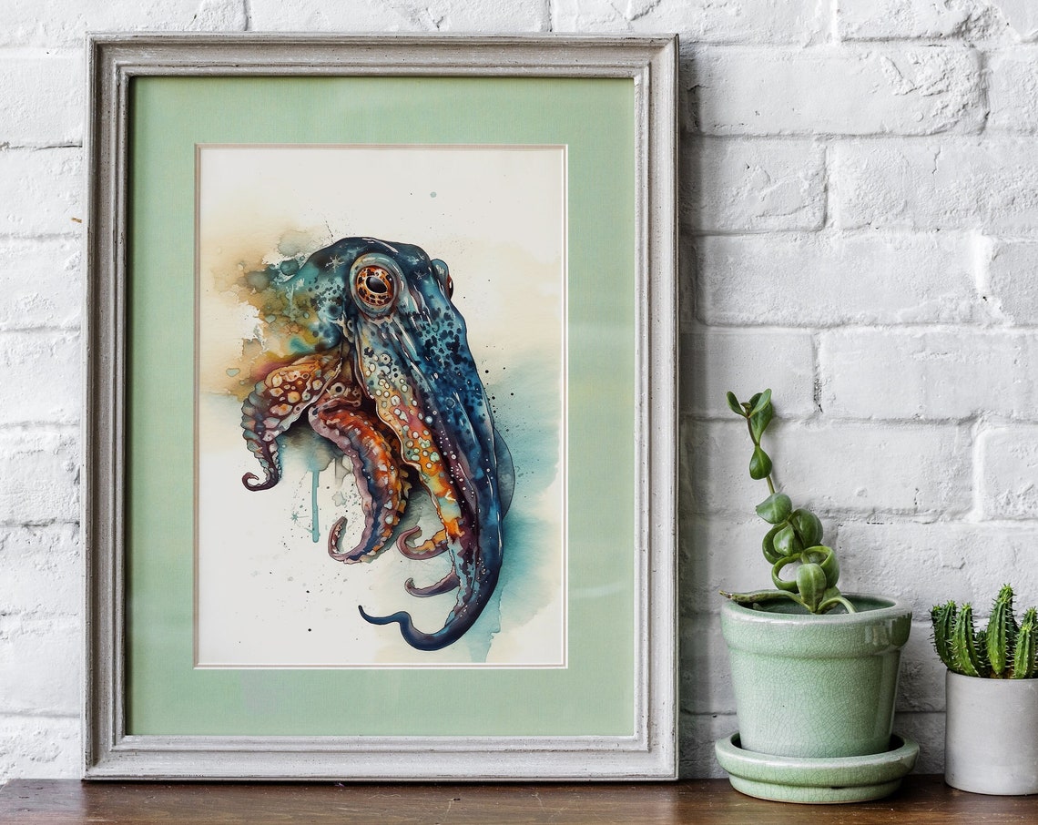 Colorful Cuttlefish Watercolor Sea Life Marine Animal Art Poster