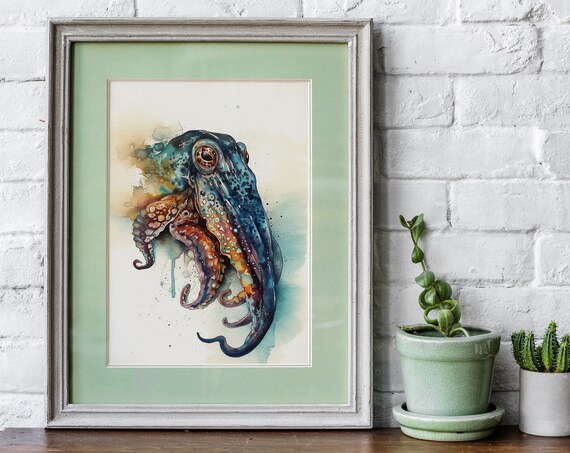 Cuttlefish Painting Wall Art Poster Gift Watercolor Colorful Animal Painting Illustration Nature Wall Art Home Decor Print