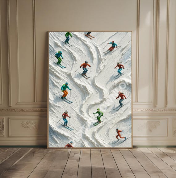 Ski Print Tiny People Apres Snow Painting Skiiers Winter Wall Art Textured Deco Lover Gift Skiing Cabin Decor