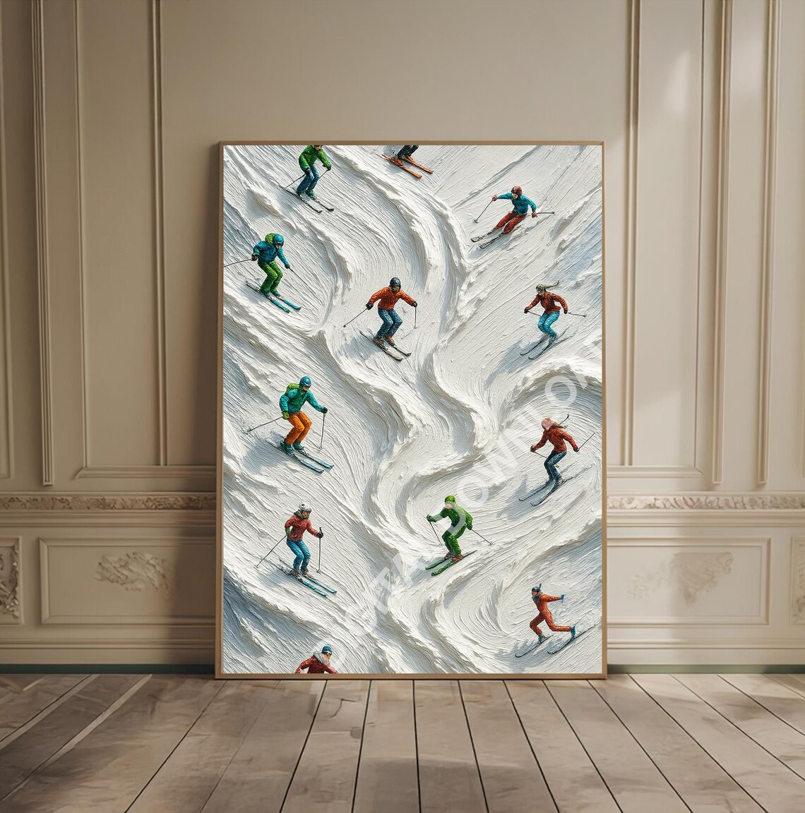 Textured Oil Painting Of Skiers Racing Down Snowy Slope Poster