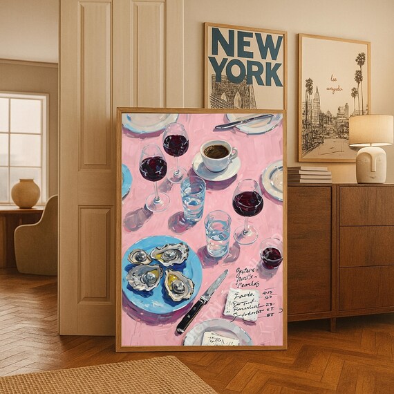 Oysters and Red Wine Poster Pink Table Dining Room Food Painting Art
