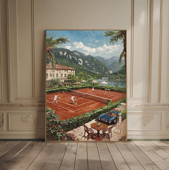 Vintage Tennis Court Print Country Club Lover Gift Trendy Art Prints Racquet Green Textured Retro Sports Car