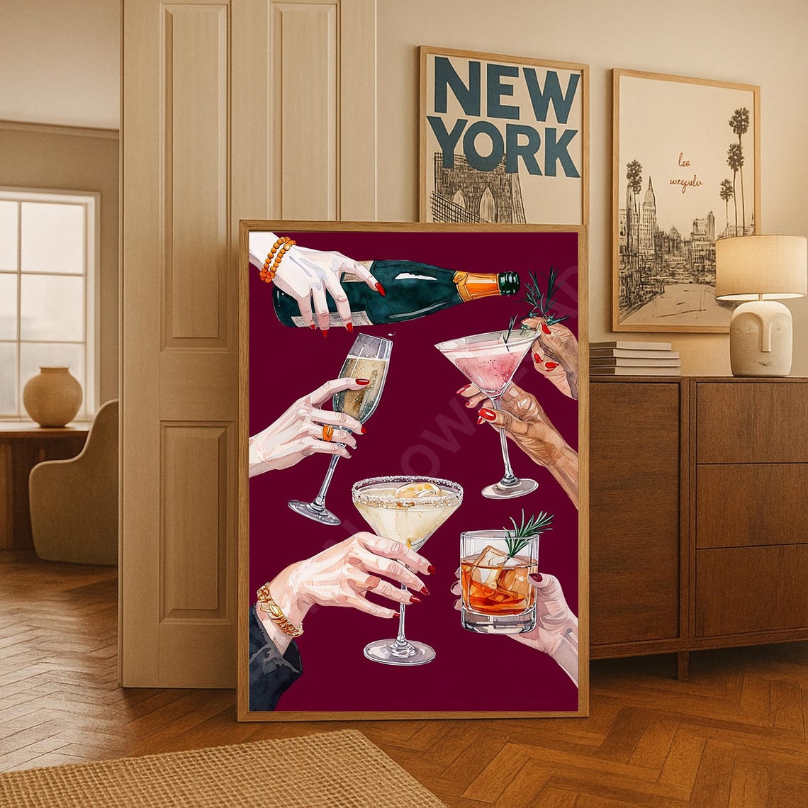 Cheers Cocktail Party Hands With Drinks Retro Bar Cart Art Poster