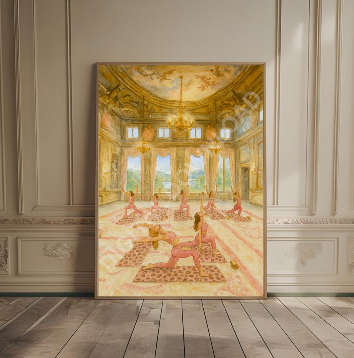 Elegant Yoga Class in Palace Ballroom Watercolor Wellness Art Poster