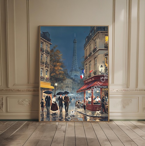 Rainy Paris Street With Eiffel Tower Cozy Cafe Evening Art Poster