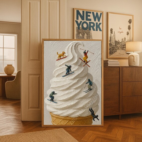 Tiny Skiers Riding a Giant Ice Cream Swirl Surreal Impasto Art Print