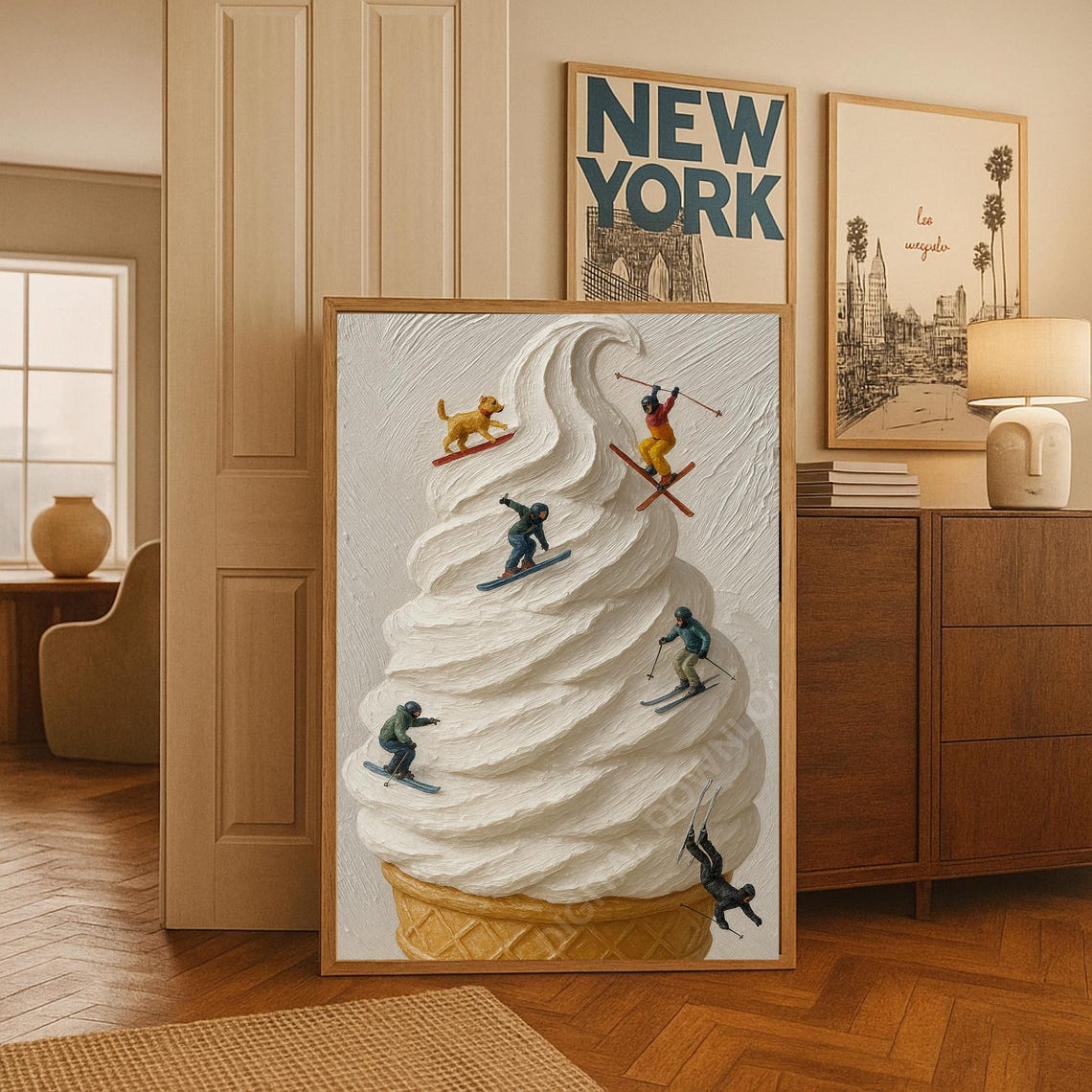 Tiny Skiers Riding a Giant Ice Cream Swirl Surreal Impasto Art Print