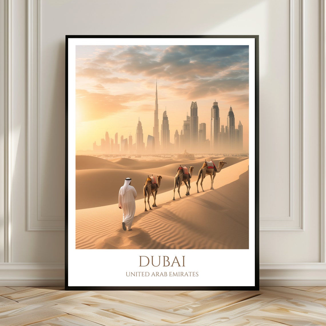 Dubai Desert Dunes Camel Caravan Skyline Sunset Travel Poster