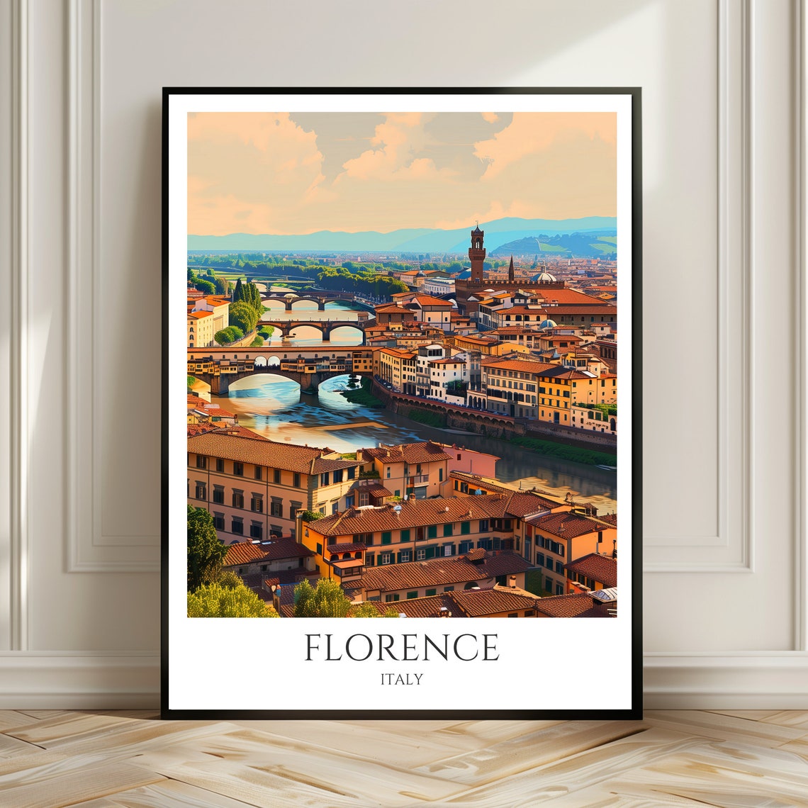 Florence Ponte Vecchio Arno River Sunset Tuscany Italy Travel Poster