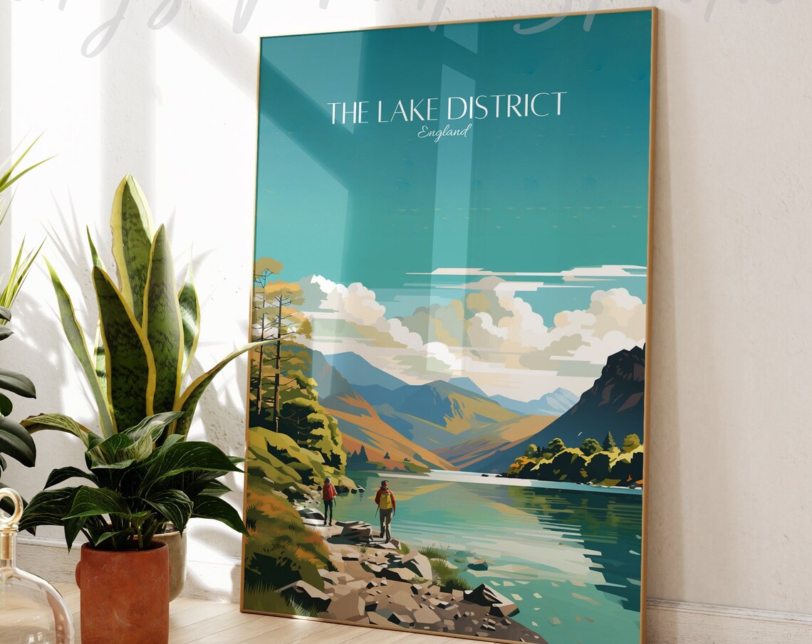 The Lake District England Hikers Lakeside Vintage Travel Poster