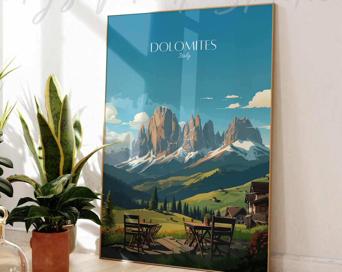 Dolomites Italy Alpine Peaks Chalet Terrace Vintage Travel Poster
