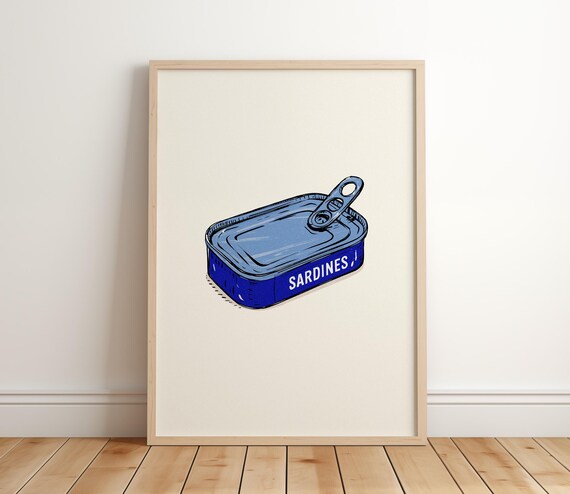 Retro Sardines Blue Tin Art Print Maximalist Kitchen Decor Fish Can Food Vintage Foodie Gift Trendy Mediterranean Seafood Poster