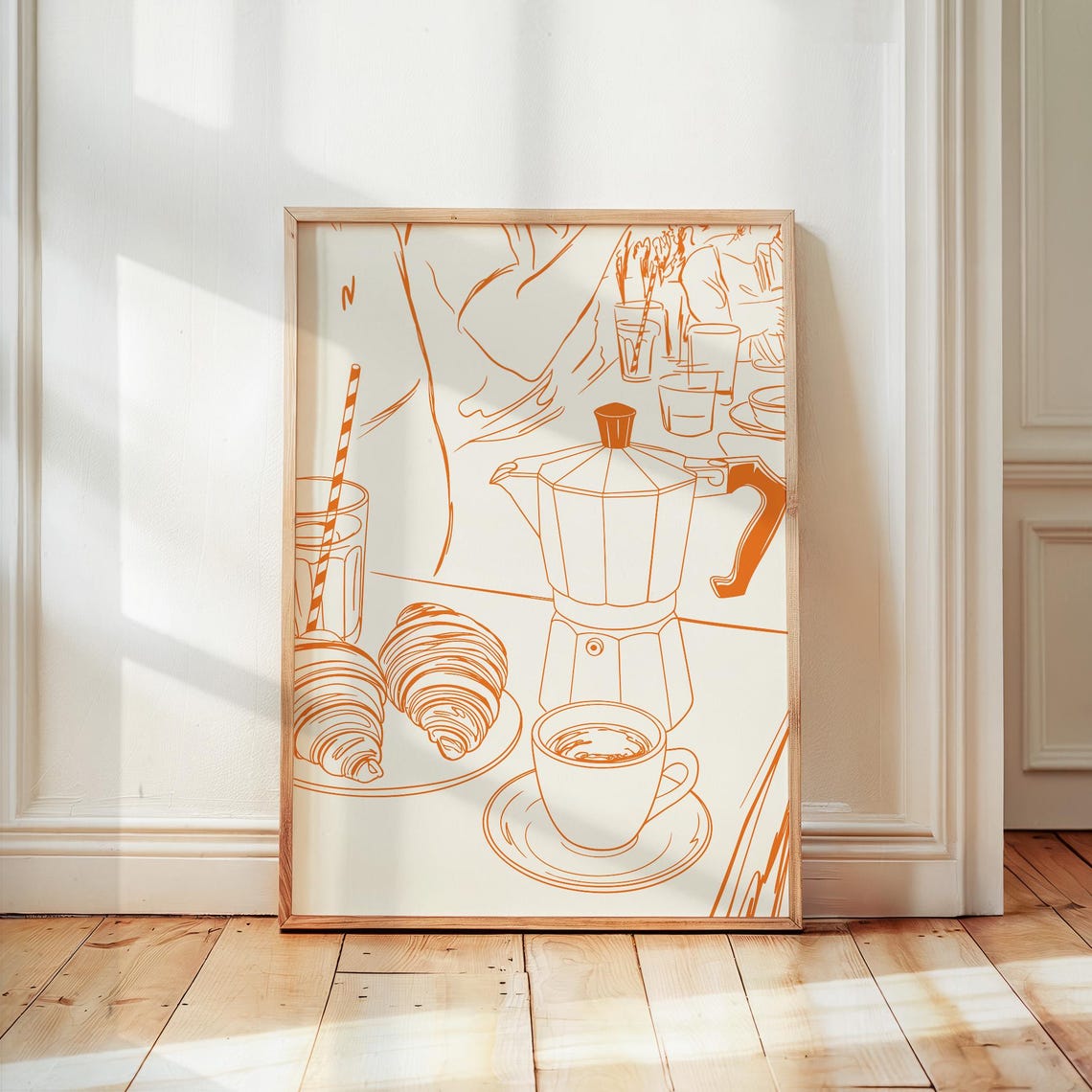 French Coffee Breakfast Moka Pot Croissants Sketch Line Art Poster