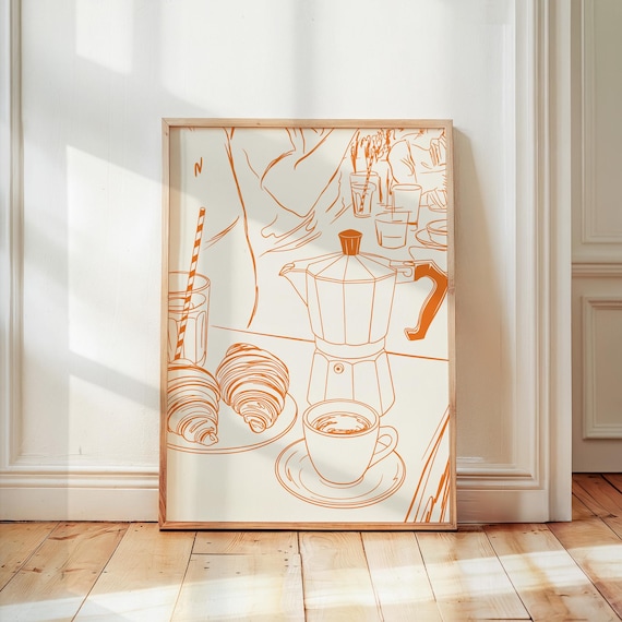 French Coffee Breakfast Moka Pot Croissants Sketch Line Art Poster