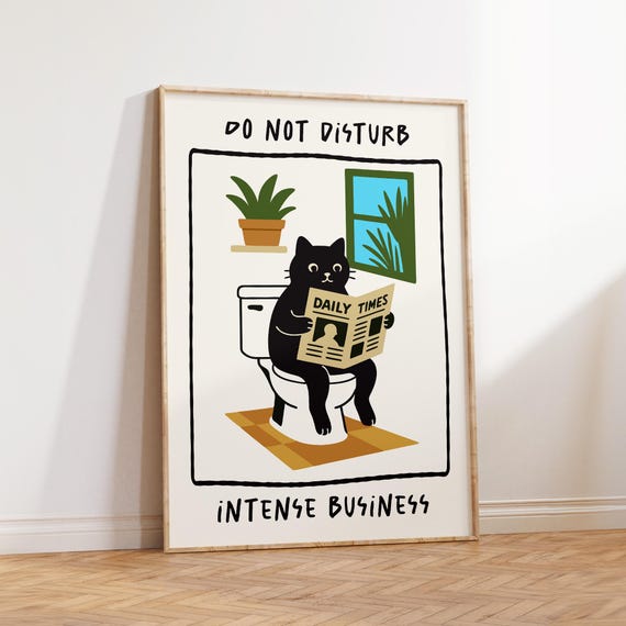 Funny Toilet Cat Poster Lover Gift Black Art Print Cute Owner Bathroom Decor Quirky Wall Pooping Maximalist