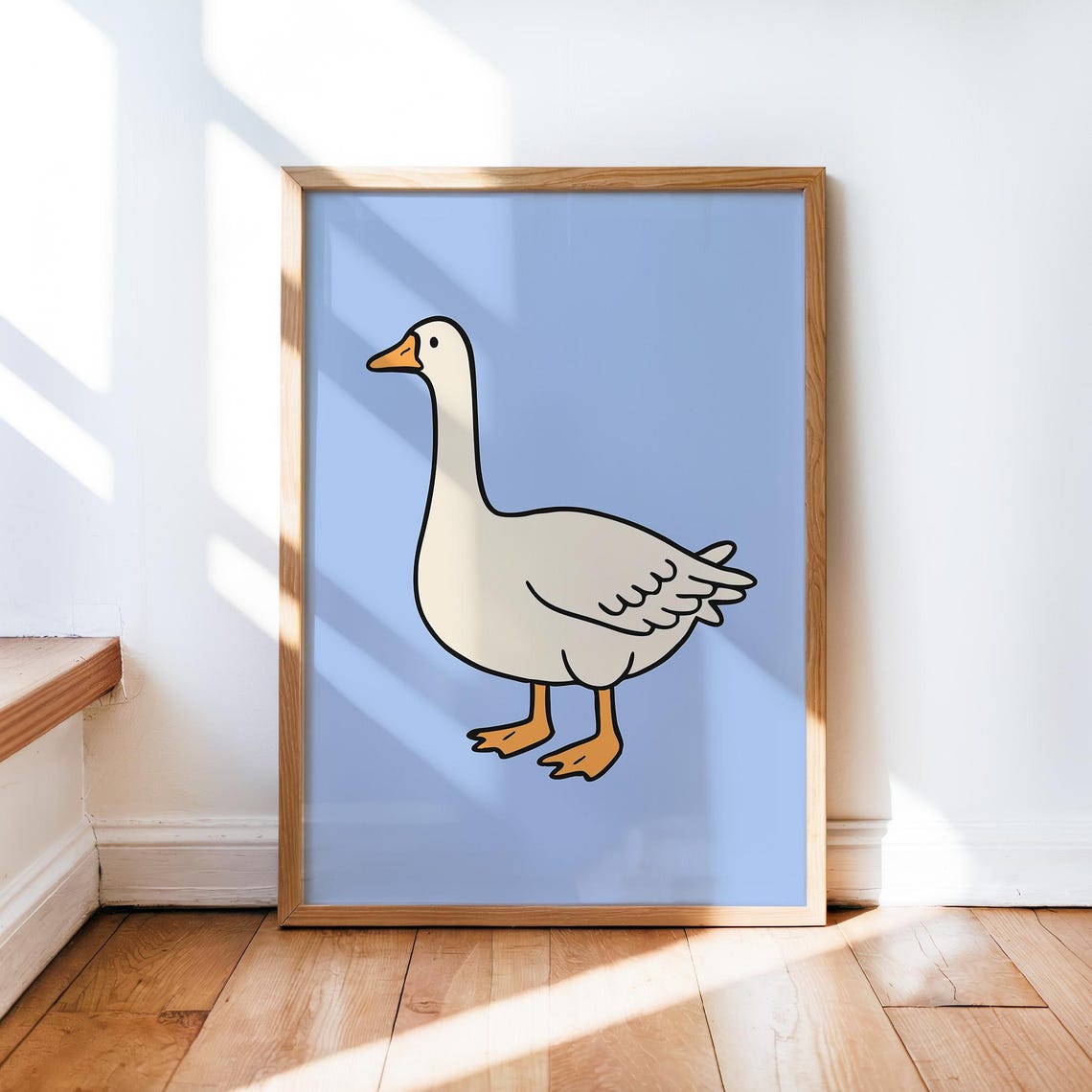 Simple White Goose Line Drawing Light Blue Nursery Wall Poster